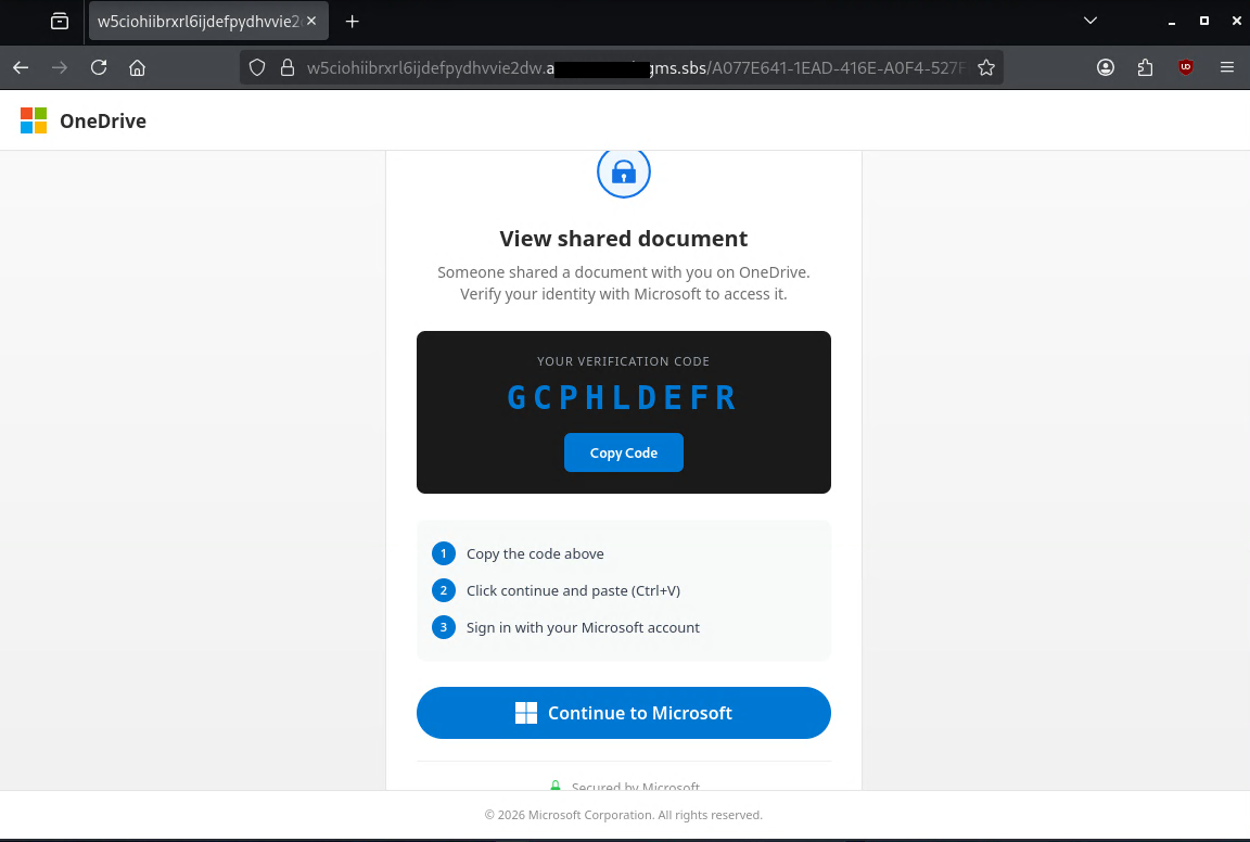Anonymisierte Device-Code-Landingpage mit gefälschtem OneDrive-Kontext